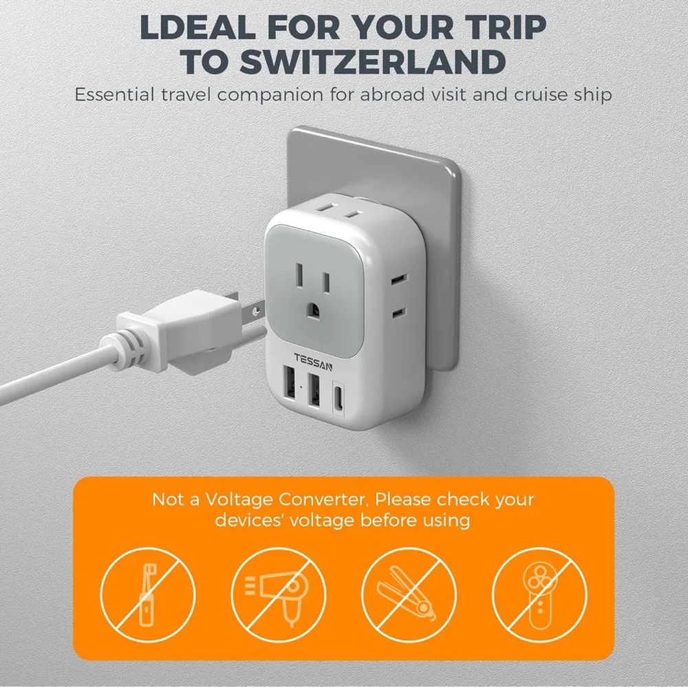 TESSAN Swiss Travel Adapter with USB Ports